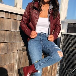 Burgundy Hooded Leather Jacket